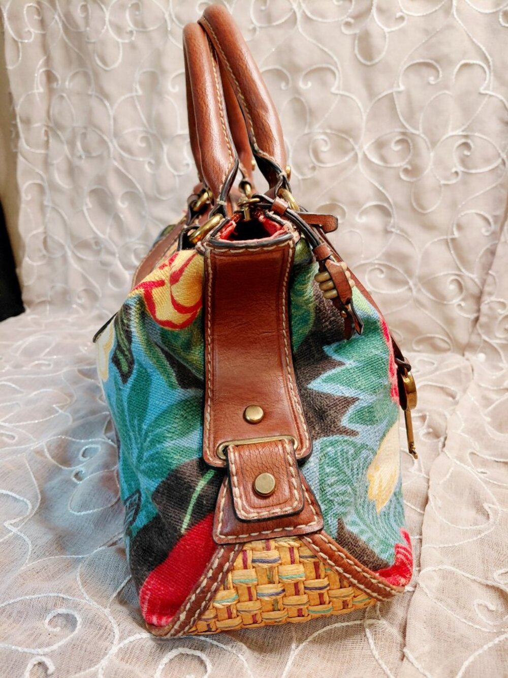 Fossil Vintage Floral Tapestry Leather Satchel Handbag - Picture 4 of 11